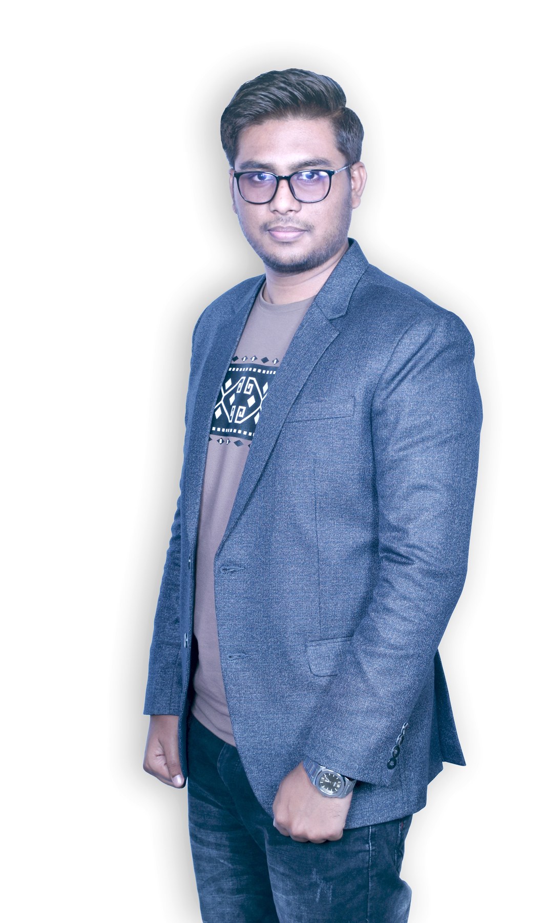 Sayman Rifat wearing glasses and a blue jacket